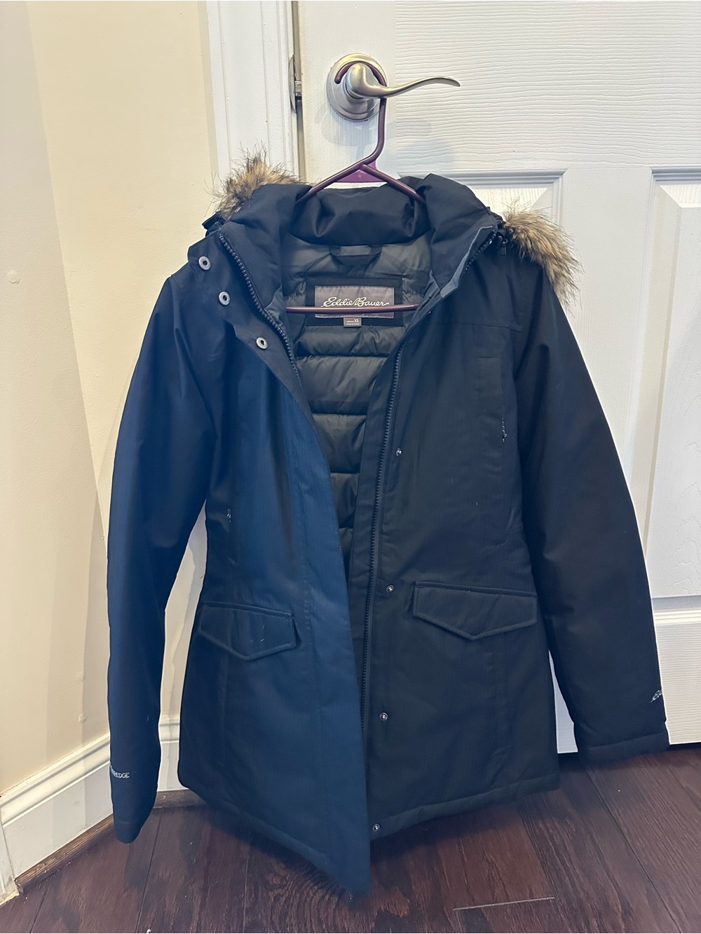 Eddie Bauer Black Hooded Parka with Faux Fur Trim